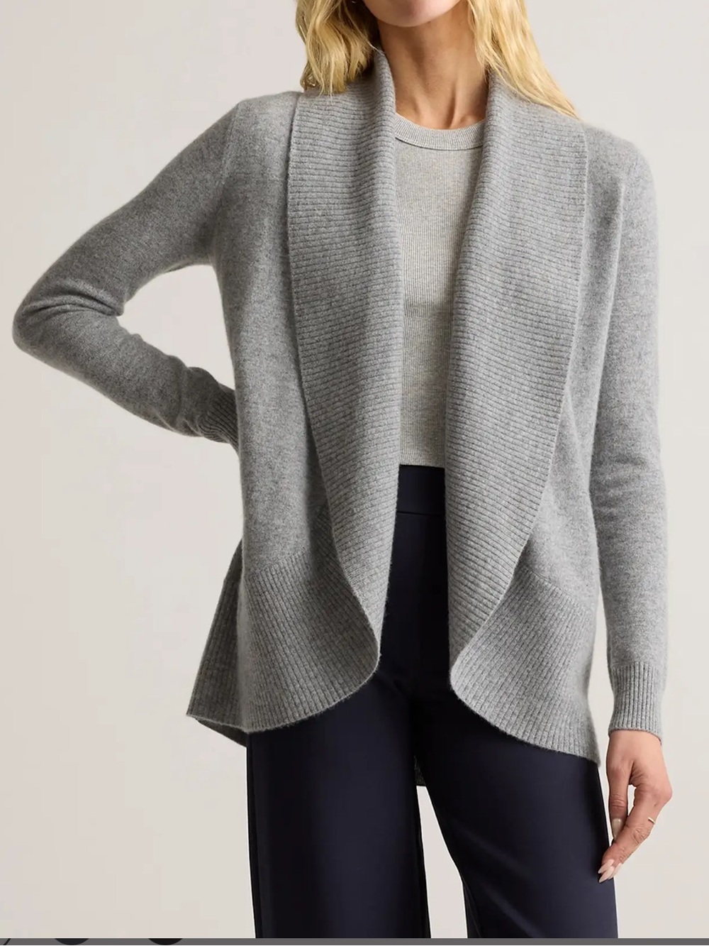 Quince Mongolian Cashmere Open Cardigan Sweater Pockets Heather Grey-Size X-Larg